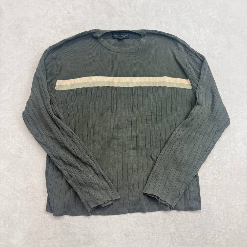 Banana Republic Men's Knit Sweater Green Size L Cotton Ribbed Chest Stripe